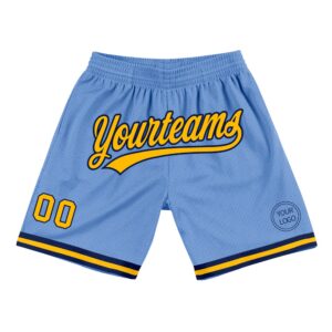 Custom Light Blue Gold-Navy Authentic Throwback Basketball Shorts